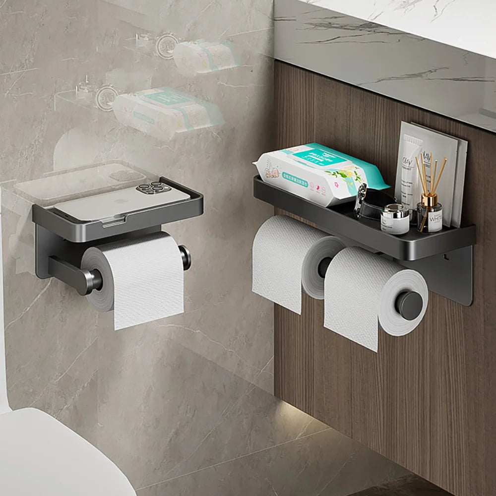 Toilet Paper Holder Wall-Mounted Double Layer Paper Roll Holder with Storage Tray Organizer Phone Stand Bathroom Accessories