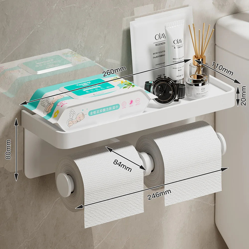 Toilet Paper Holder Wall-Mounted Double Layer Paper Roll Holder with Storage Tray Organizer Phone Stand Bathroom Accessories