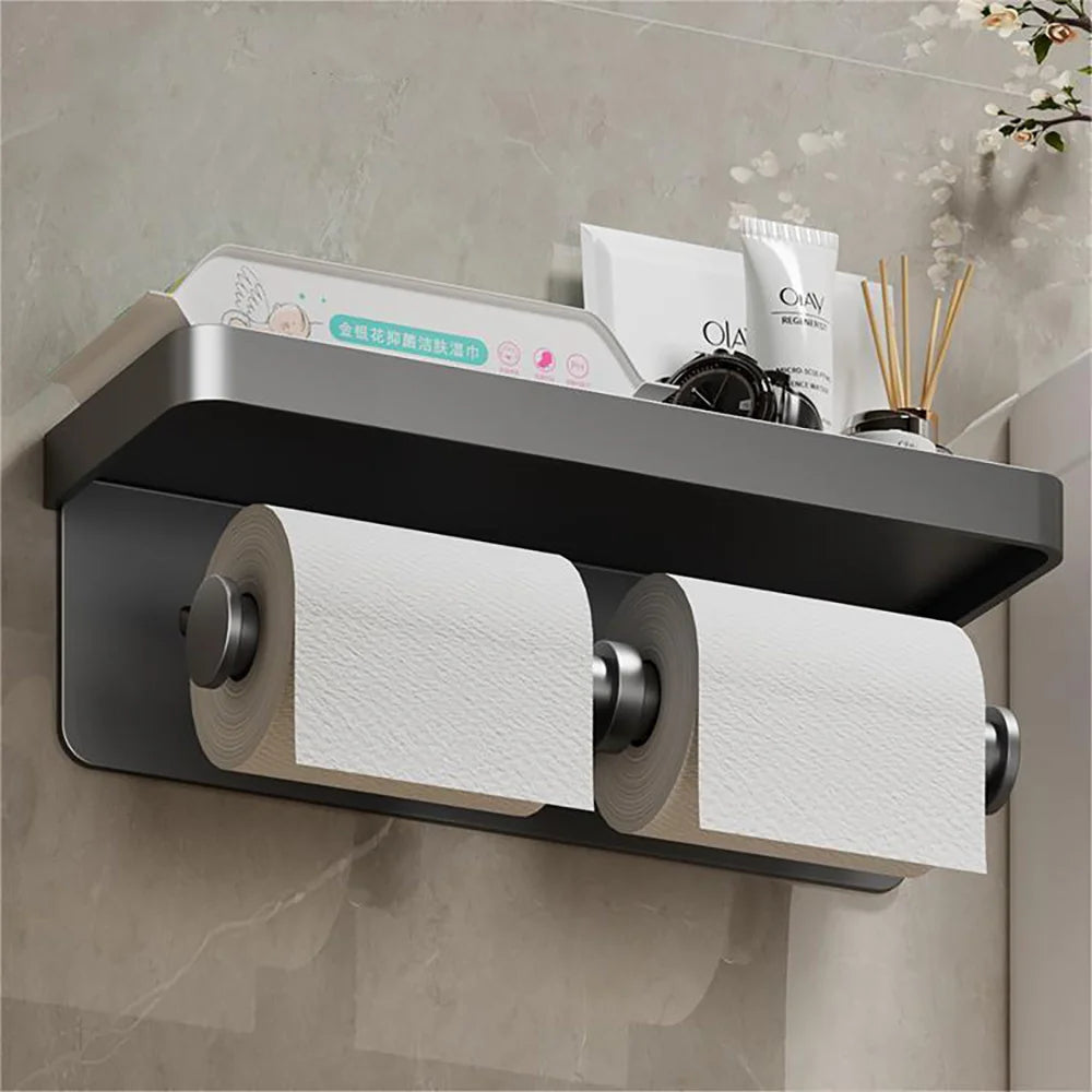 Toilet Paper Holder Wall-Mounted Double Layer Paper Roll Holder with Storage Tray Organizer Phone Stand Bathroom Accessories