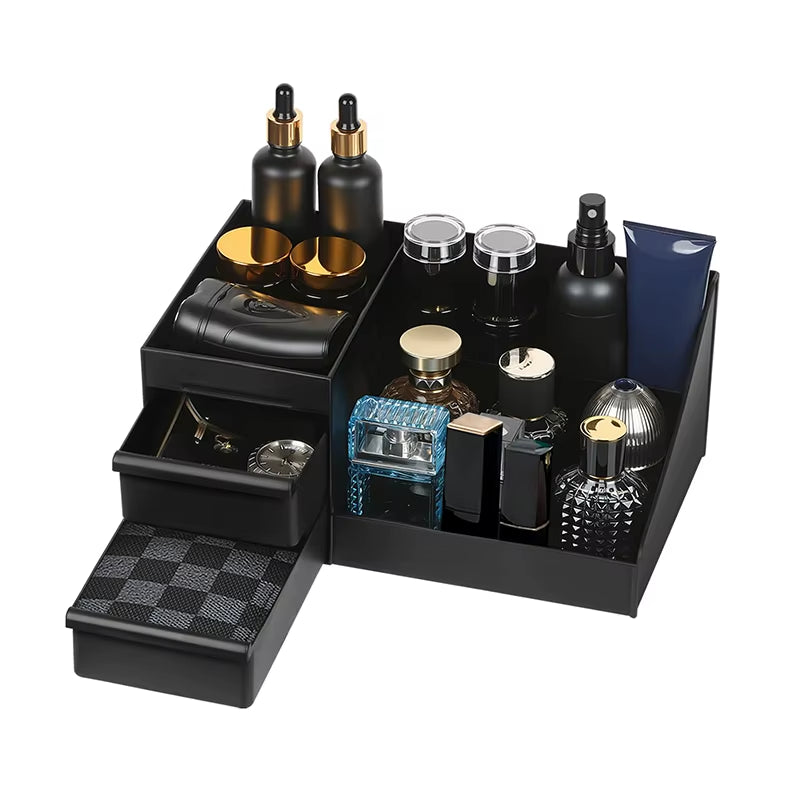 Countertop perfume organizer tray holding fragrance bottles on a vanity.