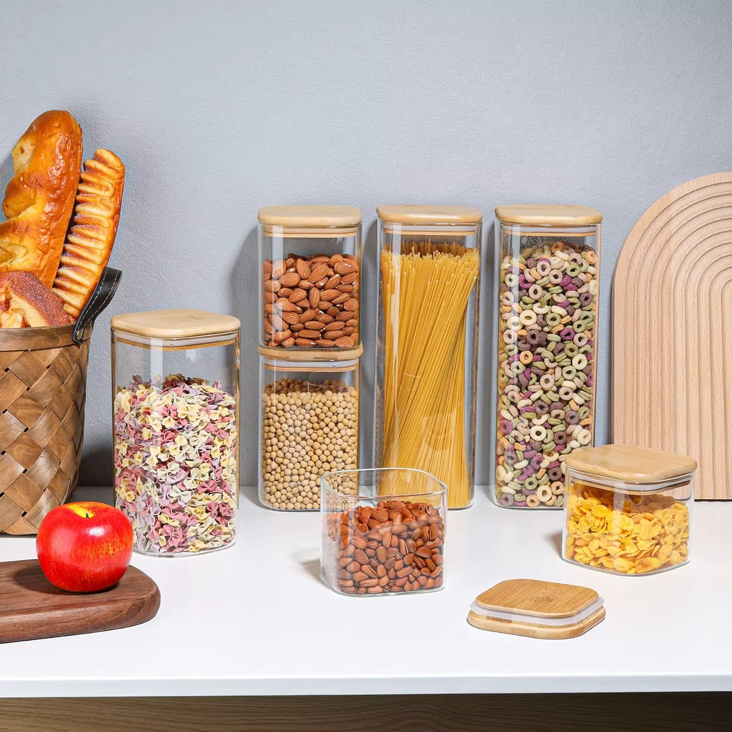 2/4/6/8Pcs Square Glass Sealed Jars, Kitchen Organizers, Storage Containers with Bamboo Lids, Glass Jars, Multi-Capacity Combination Set, Coffee Storage Containers, Suitable for Kitchen Spices, Coffee, Grains, Candies, Cookies, Pasta, Home Kitchen Table Decoration, Stackable Storage, Suitable for Holiday and Wedding Gifts