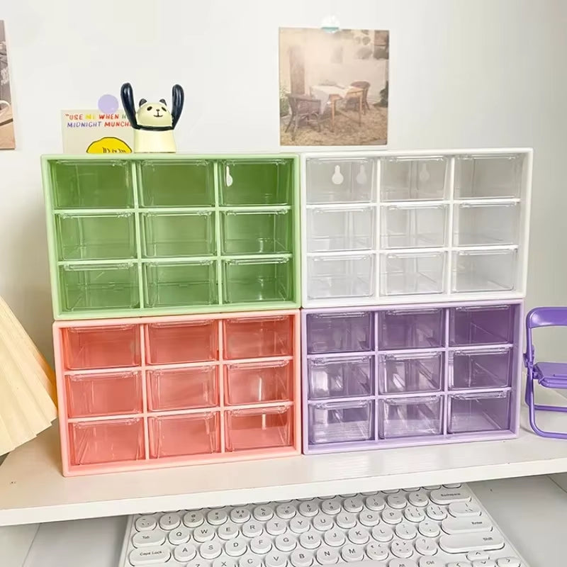 Desktop 9 Grid Storage Boxes Organizer Transparent Small Drawer Partitioned Student Desk Wall-Mounted Sundries Storage Box Cute