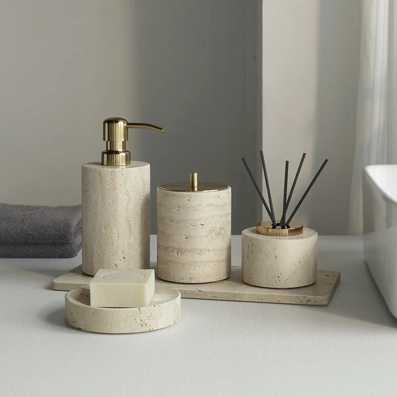 Travertine Bathroom Set Luxury Soap Dish Soap Dispenser Tissue Box Vanity Tray Bathroom Accessories Set