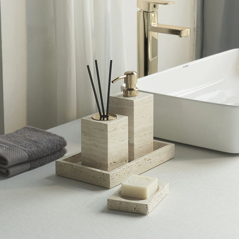 Travertine Bathroom Set Luxury Soap Dish Soap Dispenser Tissue Box Vanity Tray Bathroom Accessories Set
