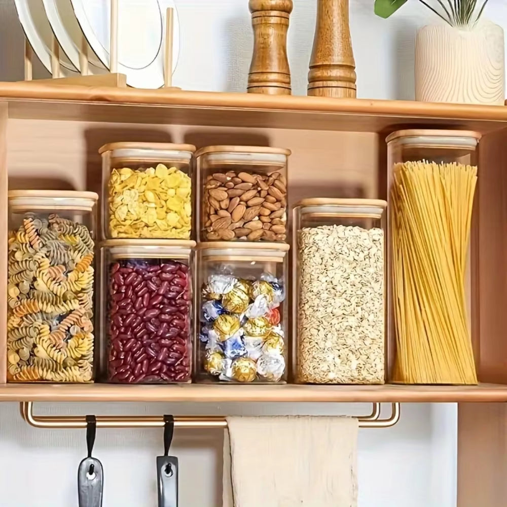 2/4/6/8Pcs Square Glass Sealed Jars, Kitchen Organizers, Storage Containers with Bamboo Lids, Glass Jars, Multi-Capacity Combination Set, Coffee Storage Containers, Suitable for Kitchen Spices, Coffee, Grains, Candies, Cookies, Pasta, Home Kitchen Table Decoration, Stackable Storage, Suitable for Holiday and Wedding Gifts