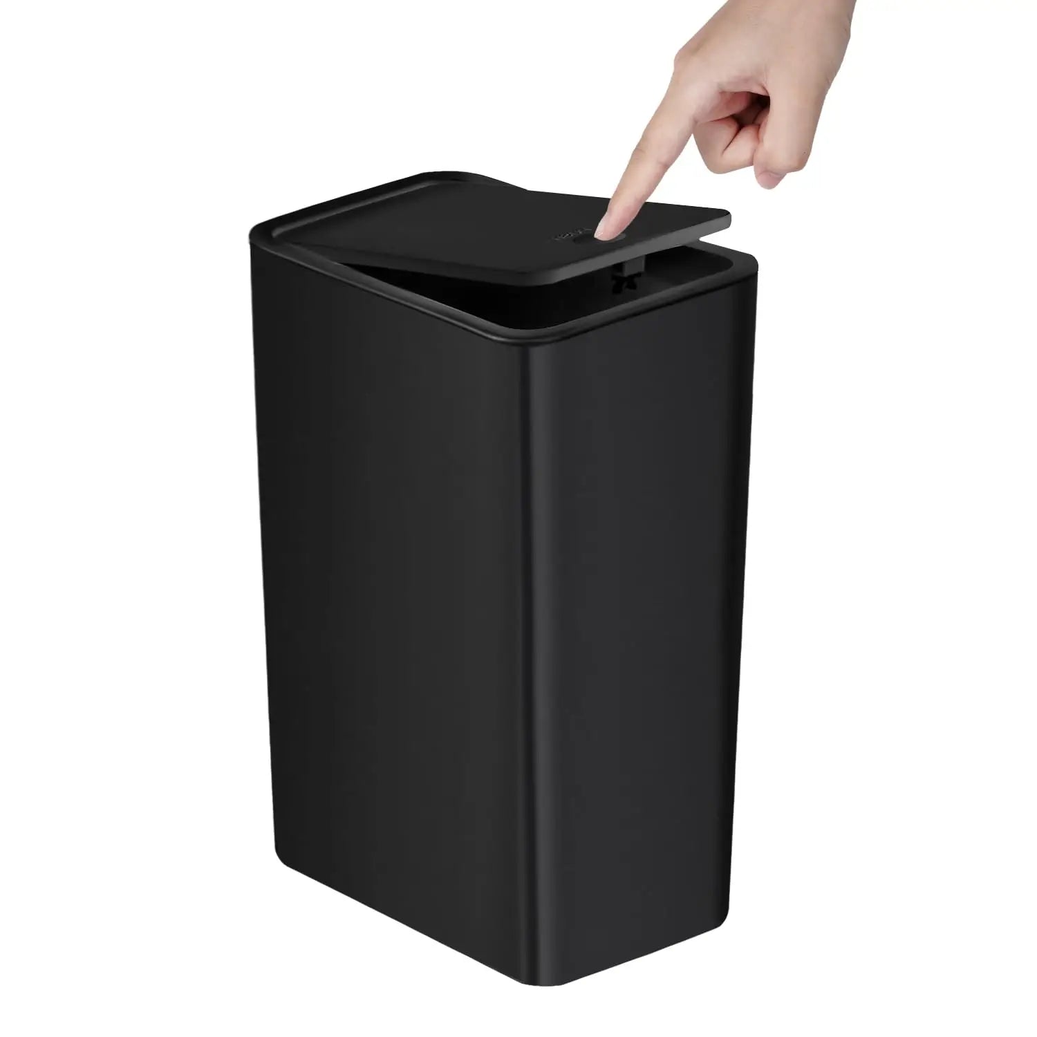 Slim 10L bathroom trash can with a press-top pop-up lid beside a toilet.