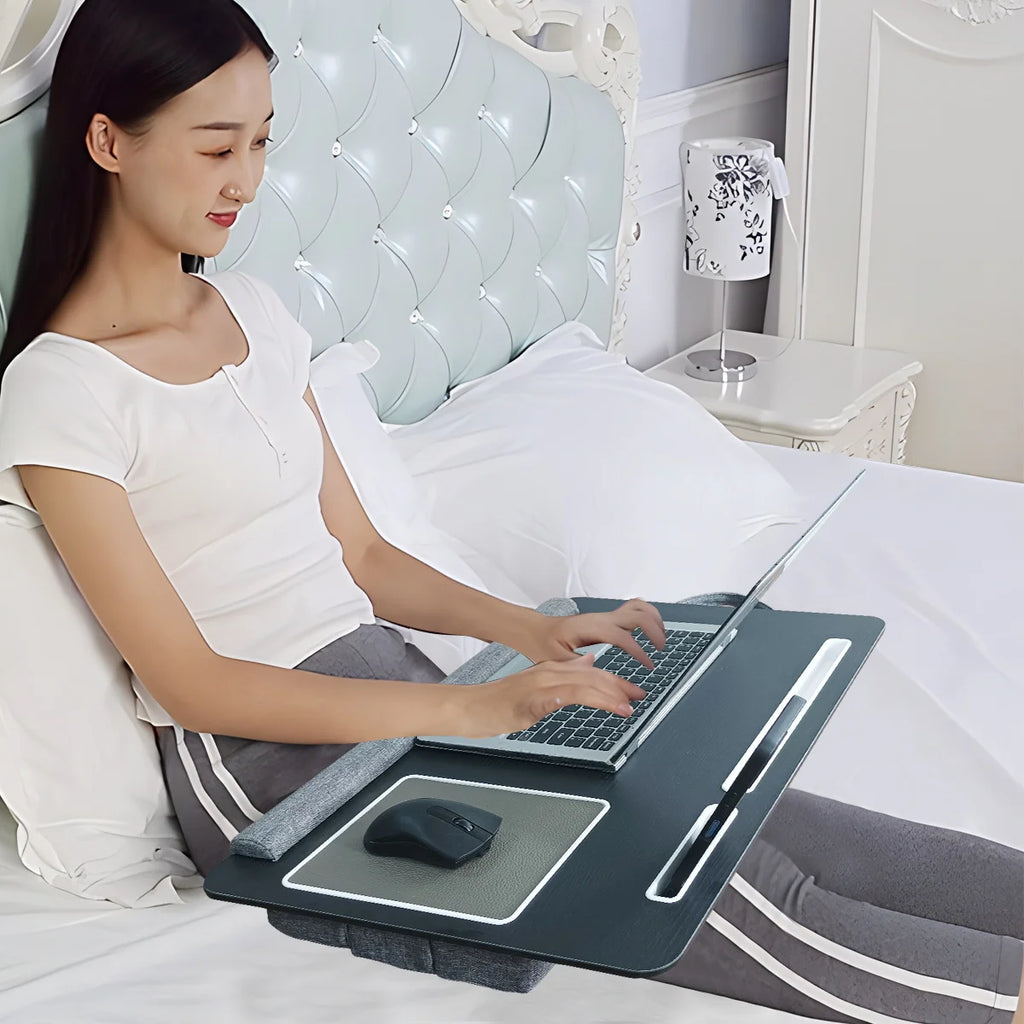 Portable Bed Table for Laptop Folding with Foldable Cushion,Handle,Slot and Mouse Pad, Wooden Gaming Desk