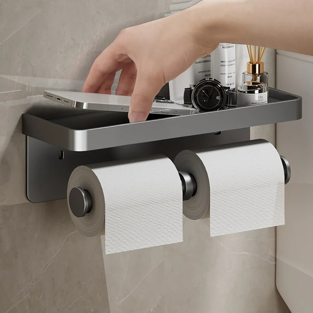 Toilet Paper Holder Wall-Mounted Double Layer Paper Roll Holder with Storage Tray Organizer Phone Stand Bathroom Accessories
