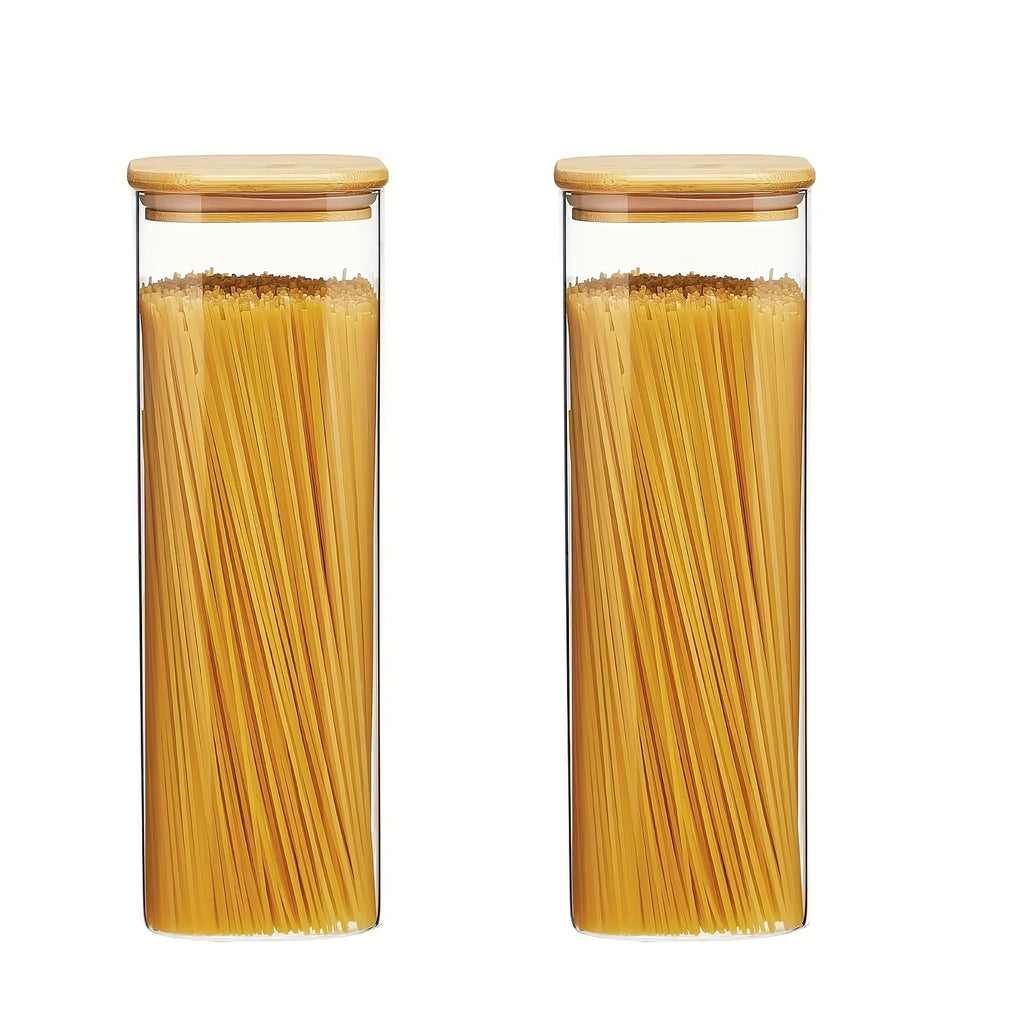 2/4/6/8Pcs Square Glass Sealed Jars, Kitchen Organizers, Storage Containers with Bamboo Lids, Glass Jars, Multi-Capacity Combination Set, Coffee Storage Containers, Suitable for Kitchen Spices, Coffee, Grains, Candies, Cookies, Pasta, Home Kitchen Table Decoration, Stackable Storage, Suitable for Holiday and Wedding Gifts