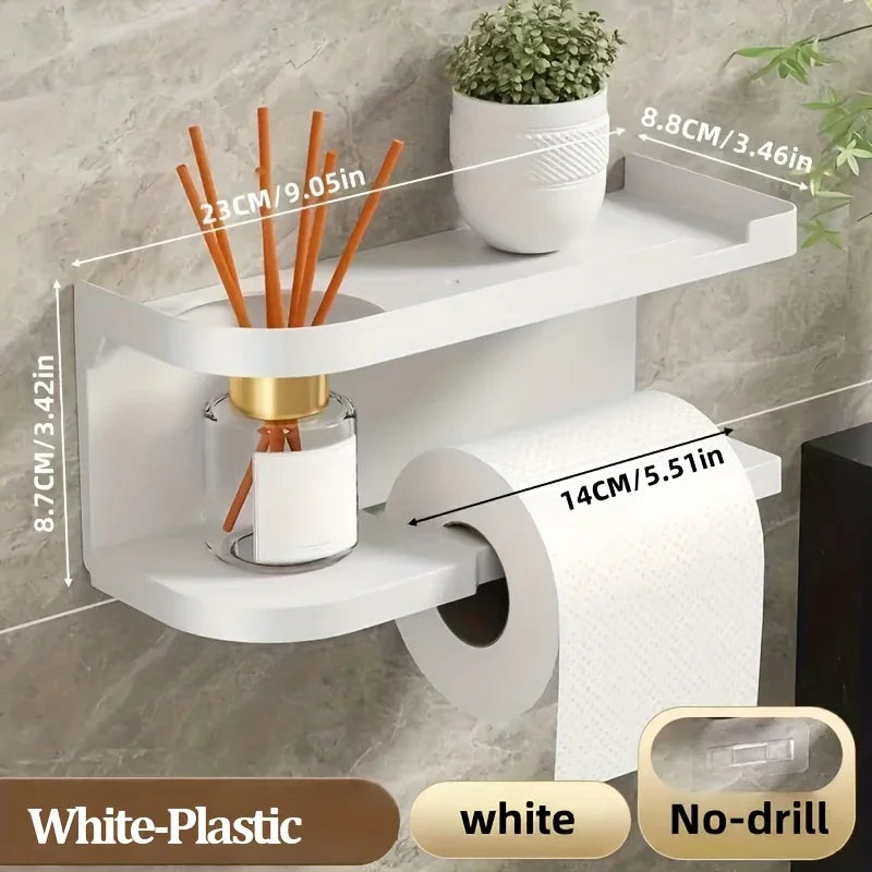 Wall-mounted tissue holder mounted without drilling holding a tissue box in a bathroom.