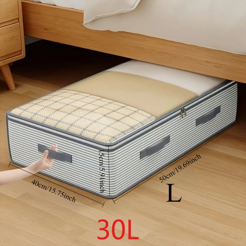 Under bed storage bag with a clear window holding folded bedding and clothes.