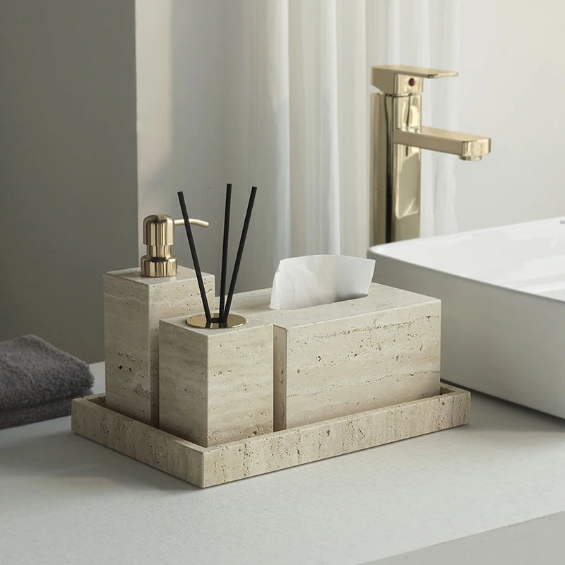 Travertine Bathroom Set Luxury Soap Dish Soap Dispenser Tissue Box Vanity Tray Bathroom Accessories Set