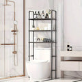 Over the toilet storage rack with shelves holding towels and toiletries in a bathroom.