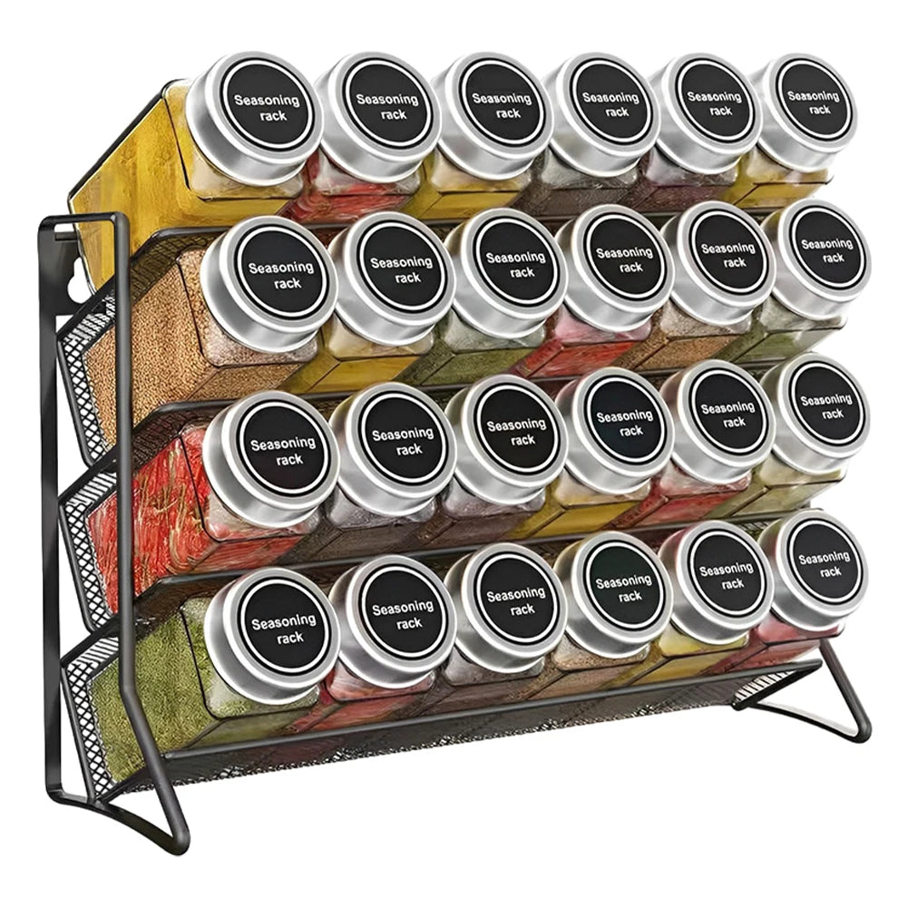 Four tier carbon steel spice rack organizer holding labeled jars on a kitchen wall.