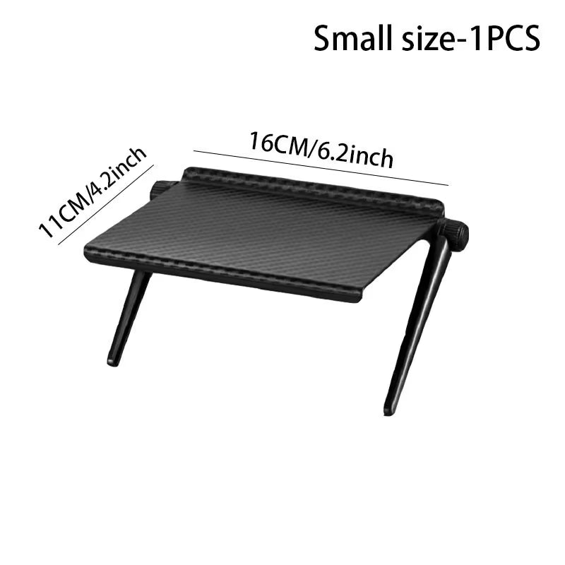 Monitor top shelf clipped over a screen holding small items above a desk.