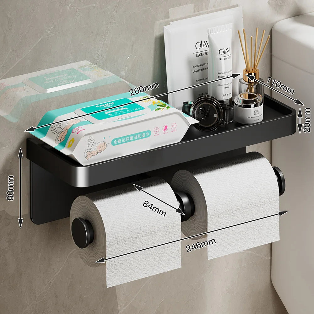 Toilet Paper Holder Wall-Mounted Double Layer Paper Roll Holder with Storage Tray Organizer Phone Stand Bathroom Accessories