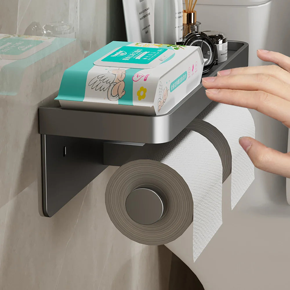 Toilet Paper Holder Wall-Mounted Double Layer Paper Roll Holder with Storage Tray Organizer Phone Stand Bathroom Accessories