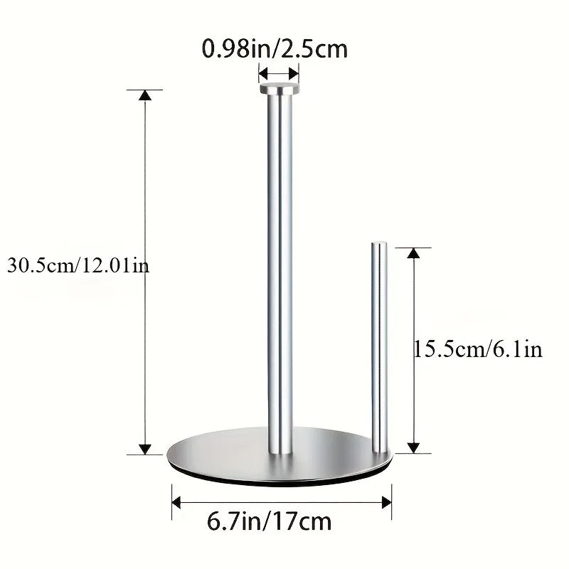 Stainless steel paper towel holder holding a roll on a kitchen counter.