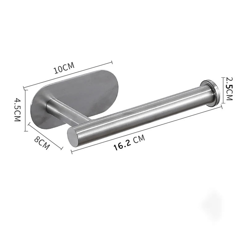 Stainless steel paper towel holder wall-mounted with no drilling holding a roll.