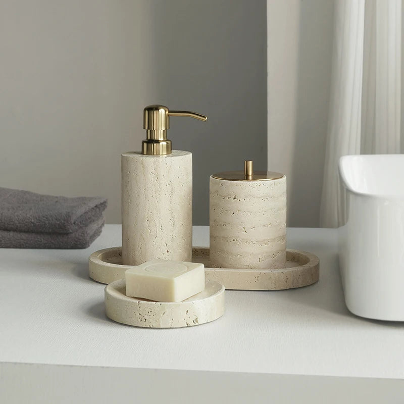 Travertine Bathroom Set Luxury Soap Dish Soap Dispenser Tissue Box Vanity Tray Bathroom Accessories Set