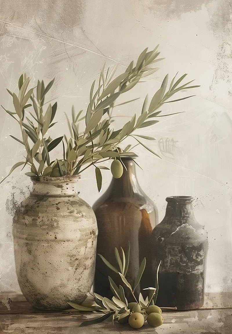 Retro Elegant Olive Tree and Lemon Canvas Poster Vase Wall Art Poster Perfect Gift for Living Room Bedroom Dormitory Home Decor