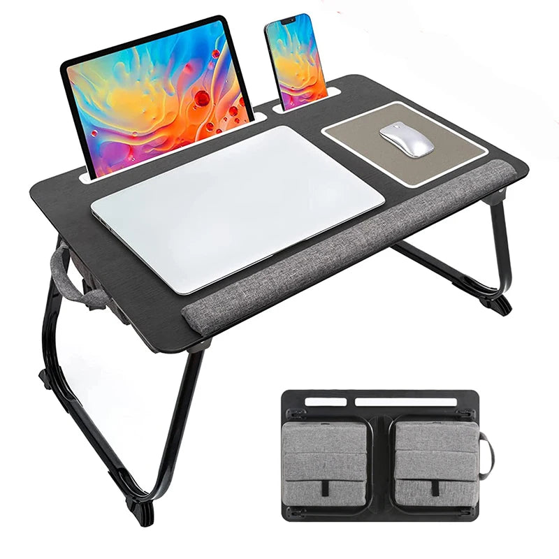 Portable Bed Table for Laptop Folding with Foldable Cushion,Handle,Slot and Mouse Pad, Wooden Gaming Desk