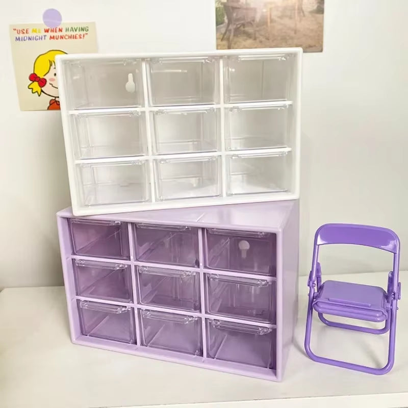 Desktop 9 Grid Storage Boxes Organizer Transparent Small Drawer Partitioned Student Desk Wall-Mounted Sundries Storage Box Cute