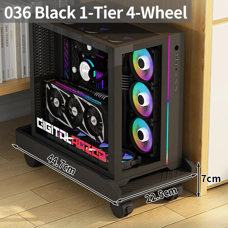 Mobile CPU stand with wheels holding a desktop computer tower beside a desk.