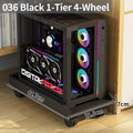 Mobile CPU stand with wheels holding a desktop computer tower beside a desk.