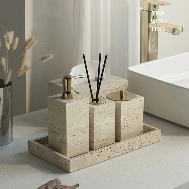 Travertine Bathroom Set Luxury Soap Dish Soap Dispenser Tissue Box Vanity Tray Bathroom Accessories Set