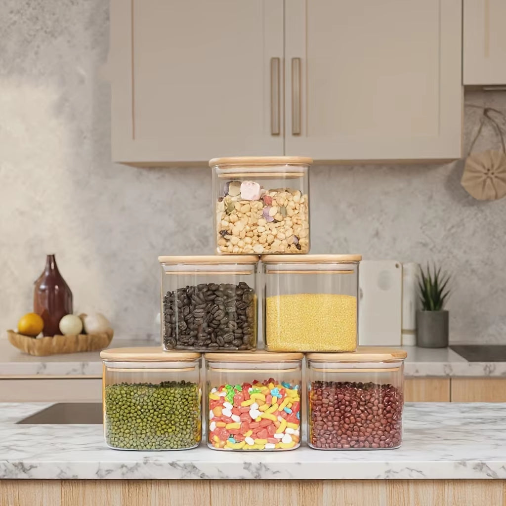 2/4/6/8Pcs Square Glass Sealed Jars, Kitchen Organizers, Storage Containers with Bamboo Lids, Glass Jars, Multi-Capacity Combination Set, Coffee Storage Containers, Suitable for Kitchen Spices, Coffee, Grains, Candies, Cookies, Pasta, Home Kitchen Table Decoration, Stackable Storage, Suitable for Holiday and Wedding Gifts