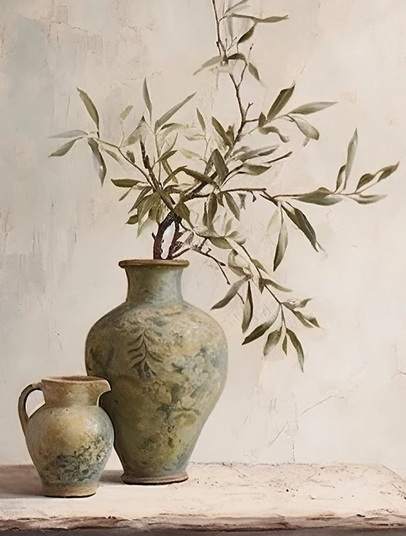 Olive tree and lemon canvas wall art poster displayed on a living room wall.
