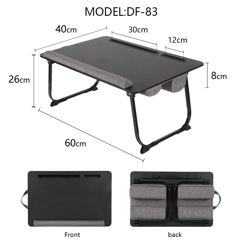 Folding wooden laptop bed table with a cushion, device slot, and mouse pad holding a laptop.