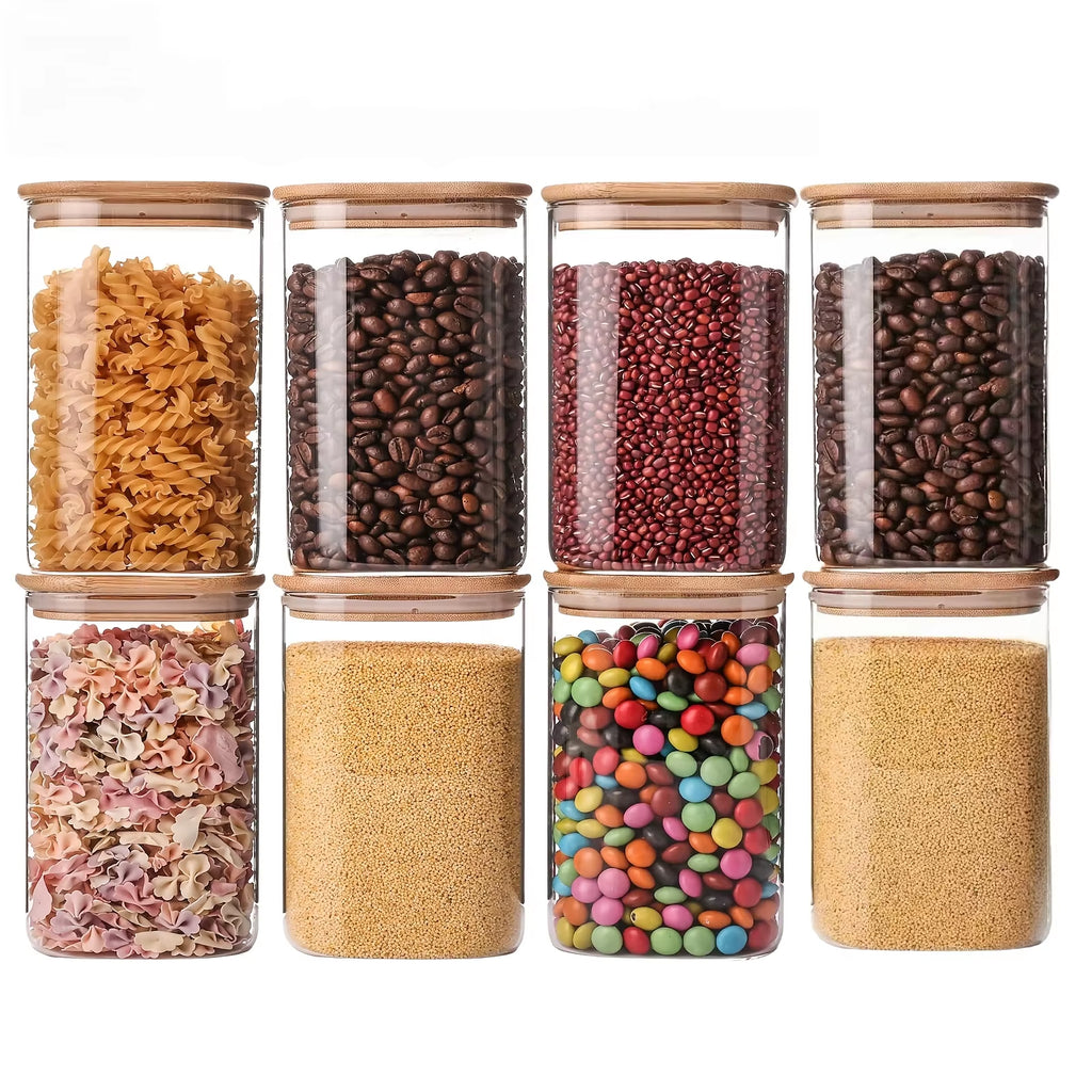 2/4/6/8Pcs Square Glass Sealed Jars, Kitchen Organizers, Storage Containers with Bamboo Lids, Glass Jars, Multi-Capacity Combination Set, Coffee Storage Containers, Suitable for Kitchen Spices, Coffee, Grains, Candies, Cookies, Pasta, Home Kitchen Table Decoration, Stackable Storage, Suitable for Holiday and Wedding Gifts