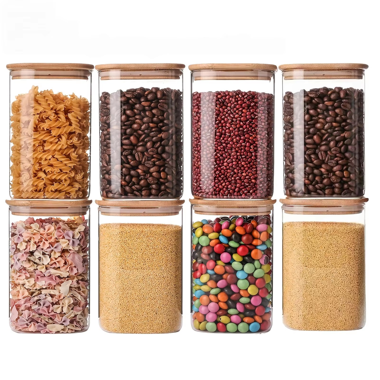 2/4/6/8Pcs Square Glass Sealed Jars, Kitchen Organizers, Storage Containers with Bamboo Lids, Glass Jars, Multi-Capacity Combination Set, Coffee Storage Containers, Suitable for Kitchen Spices, Coffee, Grains, Candies, Cookies, Pasta, Home Kitchen Table Decoration, Stackable Storage, Suitable for Holiday and Wedding Gifts