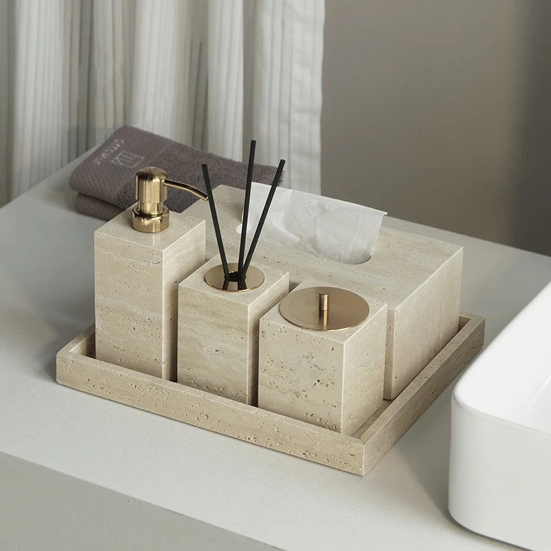 Travertine Bathroom Set Luxury Soap Dish Soap Dispenser Tissue Box Vanity Tray Bathroom Accessories Set
