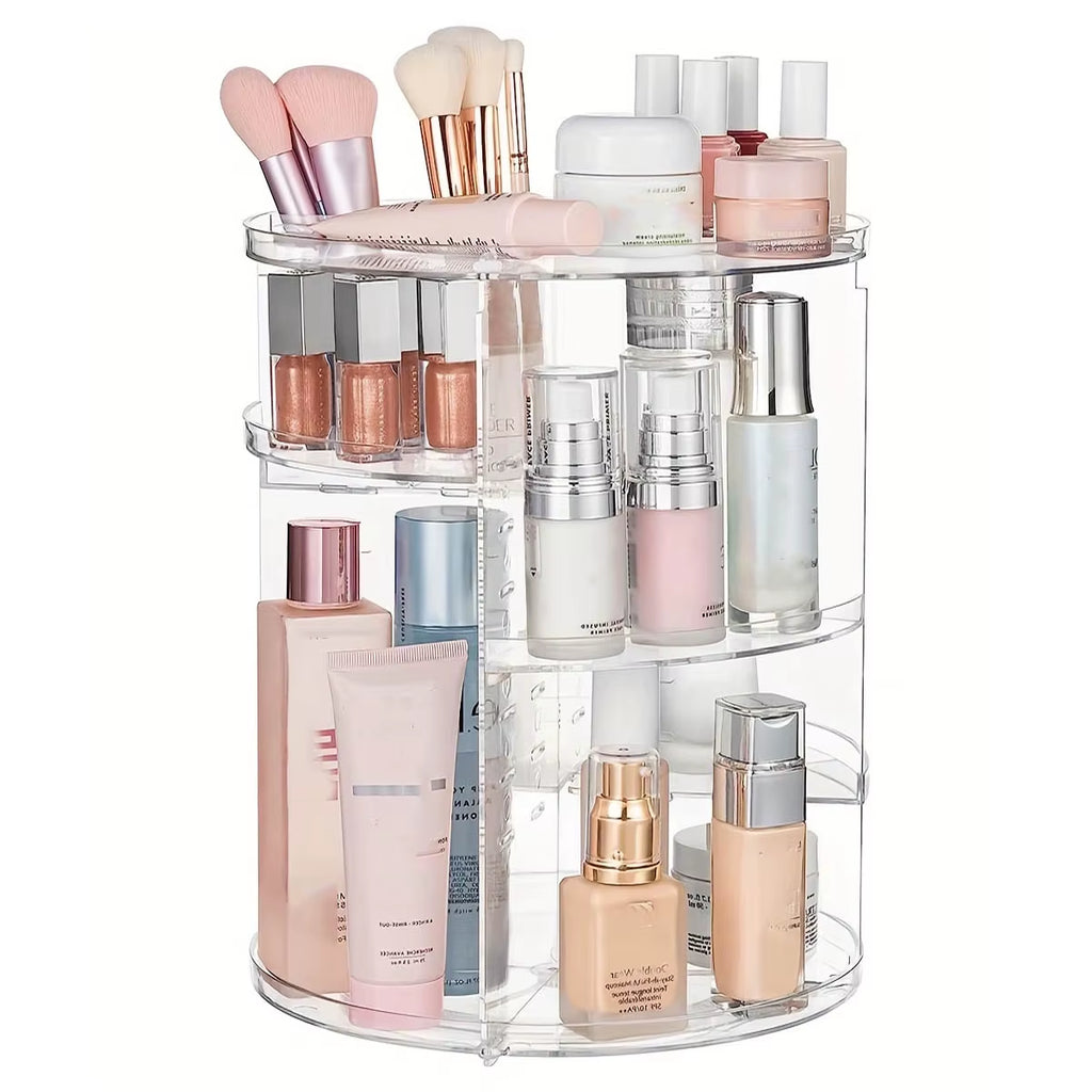 360 rotating makeup organizer holding brushes and cosmetics on a vanity.