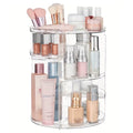 360 rotating makeup organizer holding brushes and cosmetics on a vanity.