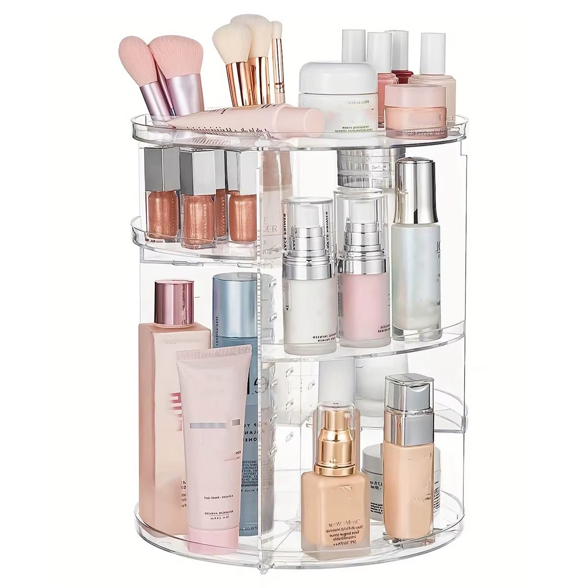 360 rotating makeup organizer holding brushes and cosmetics on a vanity.