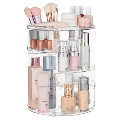 360 rotating makeup organizer holding brushes and cosmetics on a vanity.