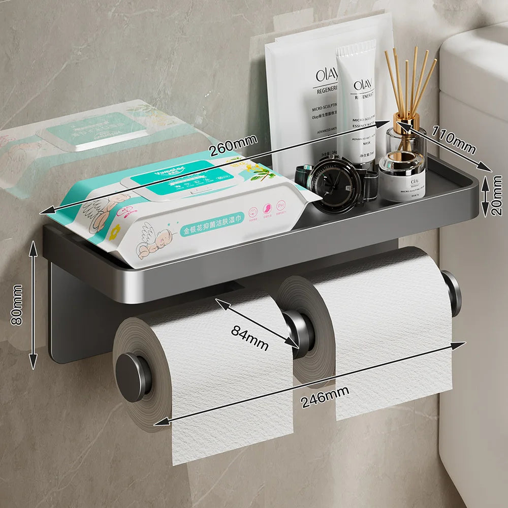 Toilet Paper Holder Wall-Mounted Double Layer Paper Roll Holder with Storage Tray Organizer Phone Stand Bathroom Accessories
