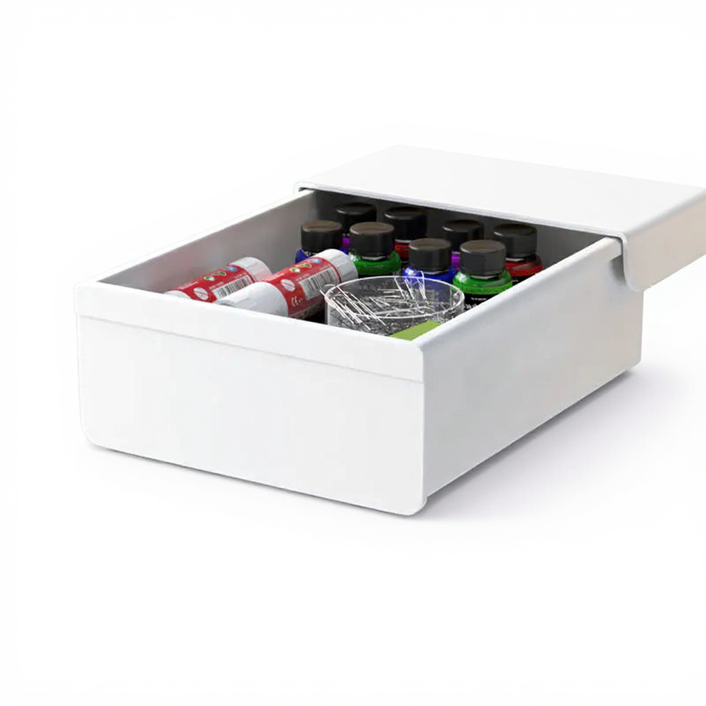 White under-desk self-adhesive stationery drawer organizer on a clean white background