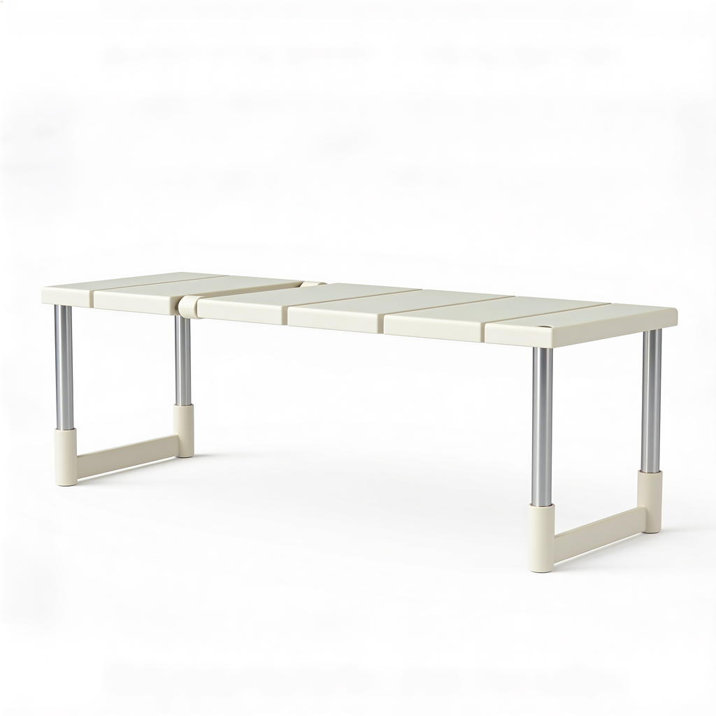 Expandable under sink organizer shelf in white with adjustable metal legs