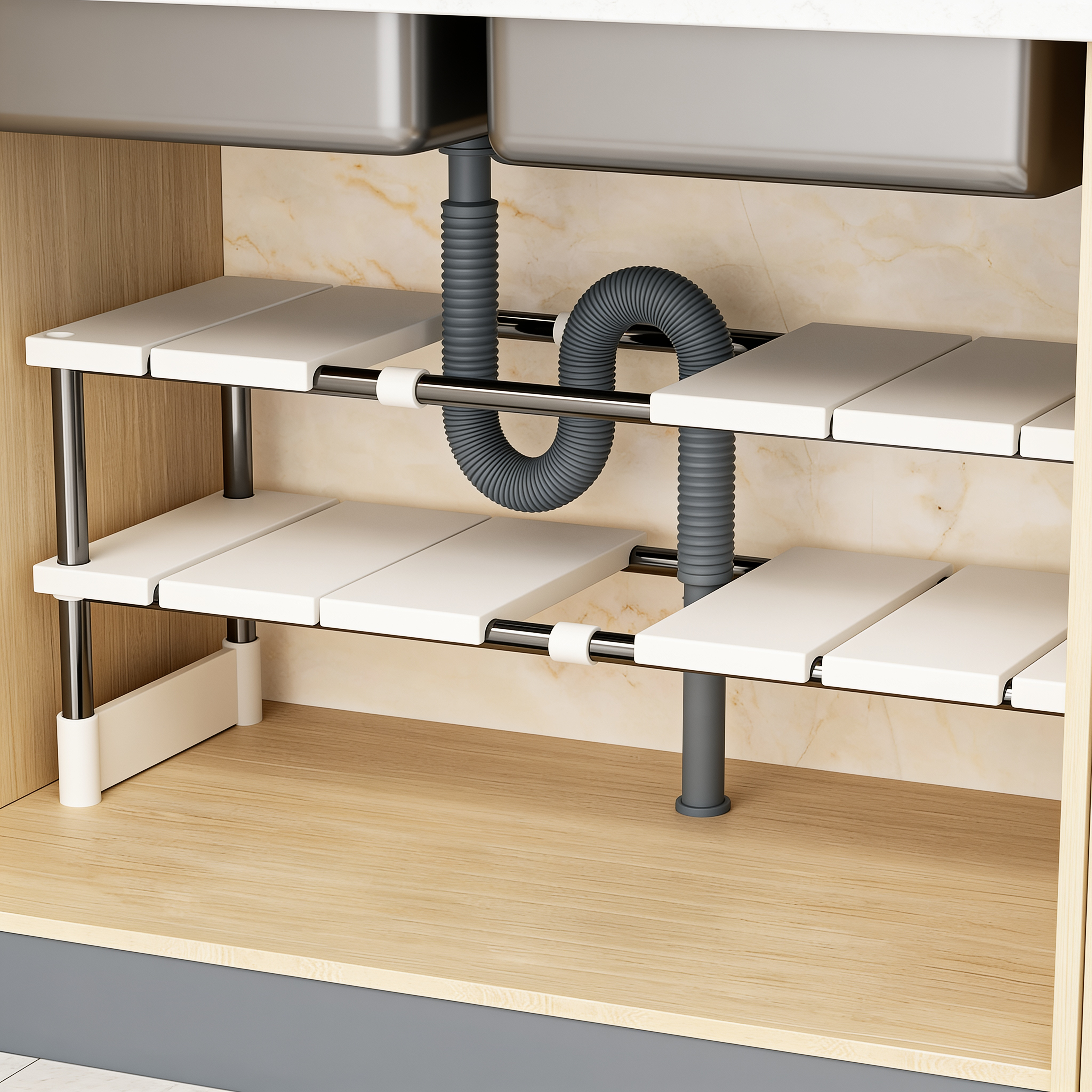 Two-tier expandable under sink shelf fitted around plumbing pipes