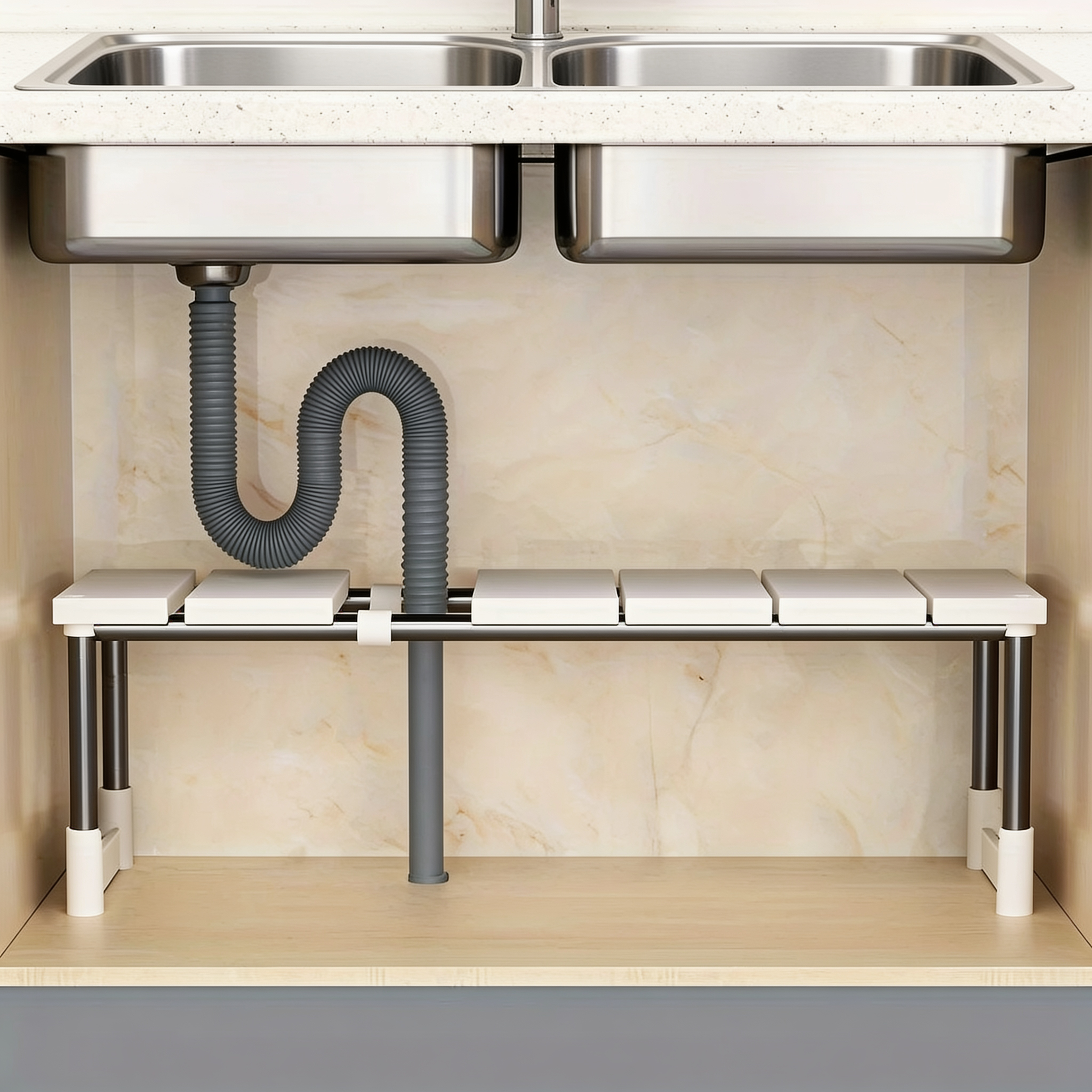 Adjustable under sink rack expanding around the drain pipe inside a cabinet