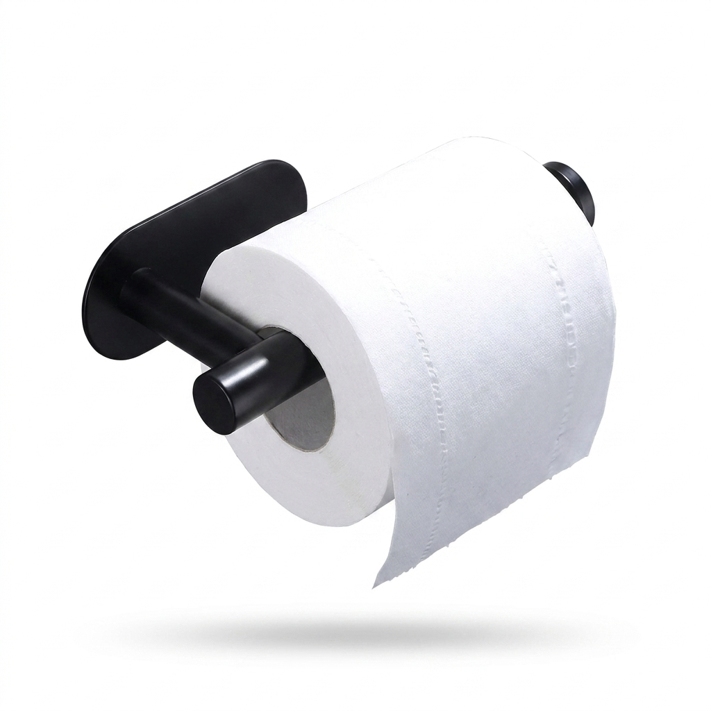 Black wall-mounted no-drill toilet paper holder with a paper roll on a white background